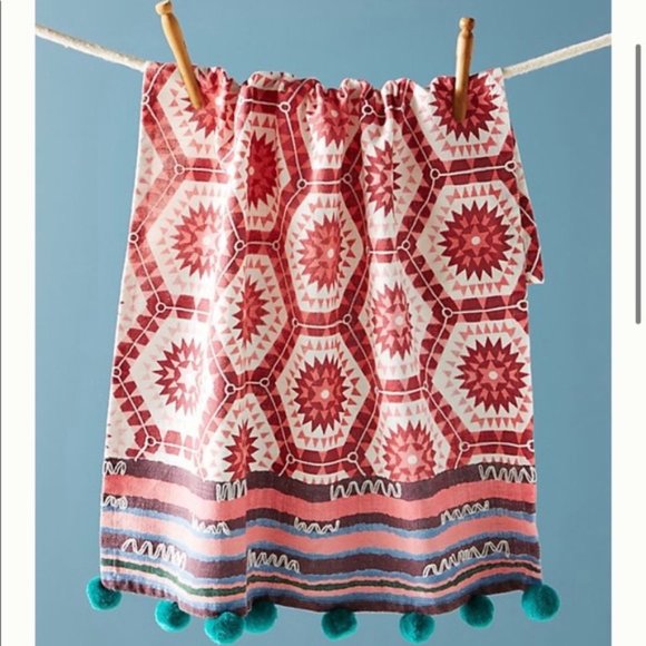 Anthropologie Other - Anthropologie Lot of 2 Emerson Tea Dish Pom Fringe Pink White Print Towels READ